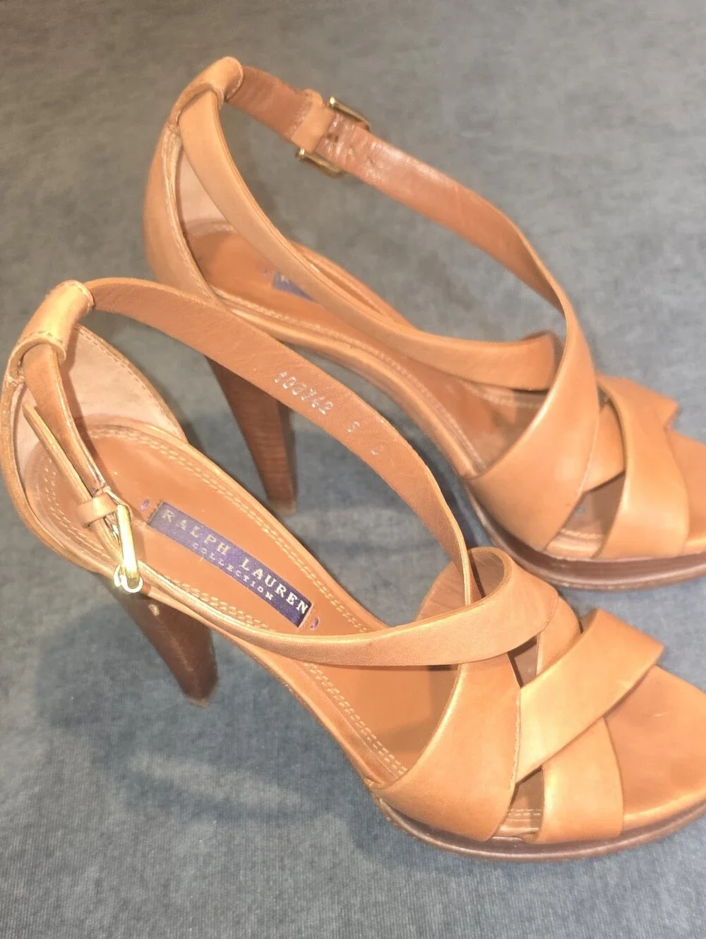 Ralph Lauren Collection Tan Leather Strappy Platform High Heels Sandals Size 8B